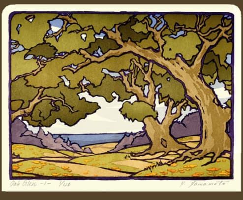 this is a vintage woodcut print titled "oak glen  y," created by yoshi yamamoto.  the image depicts a sprawling oak tree dominating the foreground, its branches reaching out over a gently rolling landscape dotted with yellow wildflowers, possibly poppies.  in the distance, a body of water, possibly the ocean, is visible, giving a sense of depth to the scene. the style is characteristic of early 20thcentury woodblock prints, with bold outlines and flat areas of color. the artwork suggests a peaceful and idyllic scene, likely in a californian setting, possibly yosemite or a similar location. the artist's signature is visible in the lower right corner.