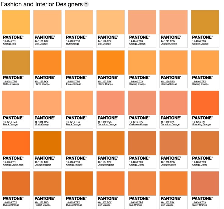 the image shows a collection of pantone color swatches in various shades of orange, organized in a grid format, with each swatch labeled with its specific pantone code and name, intended for use by fashion and interior designers.