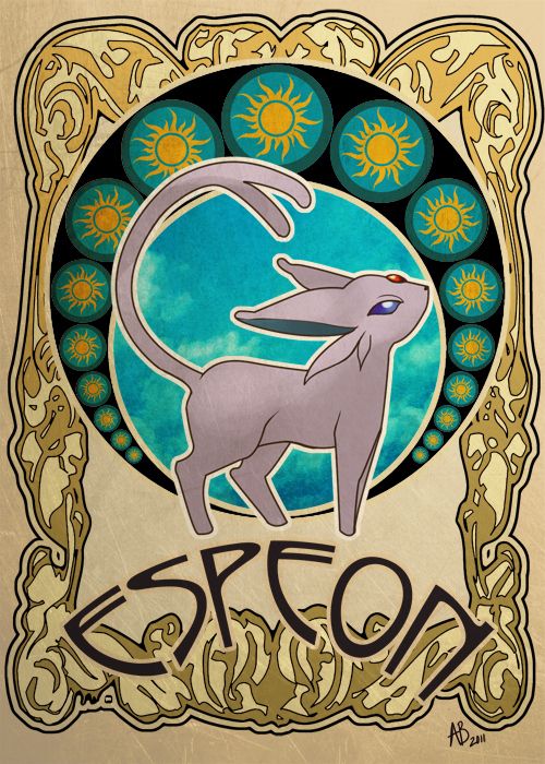 an art nouveau style illustration of espeon, a psychictype pokémon, centered within an ornate frame. the frame features swirling gold patterns and a black band with a series of sun emblems. espeon is depicted in shades of purple with a red gem on its forehead and its long tail curled upward. the background within the central frame is a turquoise watercolor texture. the word "espeon" is written below the pokémon in a stylized, decorative font. the artist's signature "ab 2011" is visible in the bottom right corner.