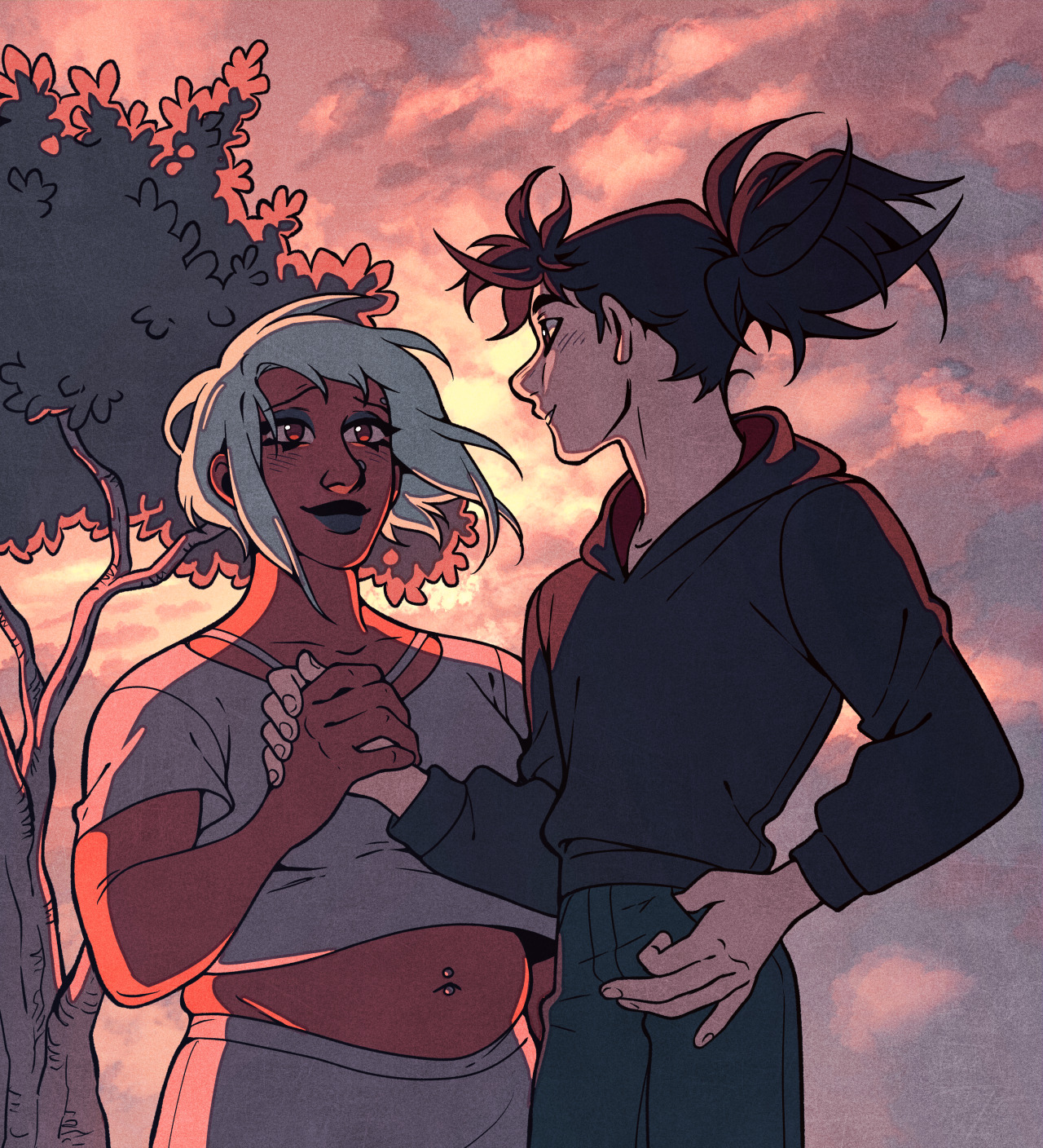 he image depicts two individuals, appearing as a couple, standing closely together in front of a sunset. the taller person, with dark hair tied back, gently holds the hand of the other person, who has shorter, lighter hair.  they are positioned slightly turned towards each other, their expressions conveying warmth and affection. the setting sun bathes the scene in a warm, orange glow, casting long shadows and highlighting the connection between them. the presence of a tree to the left adds to the serene and romantic atmosphere of the image.