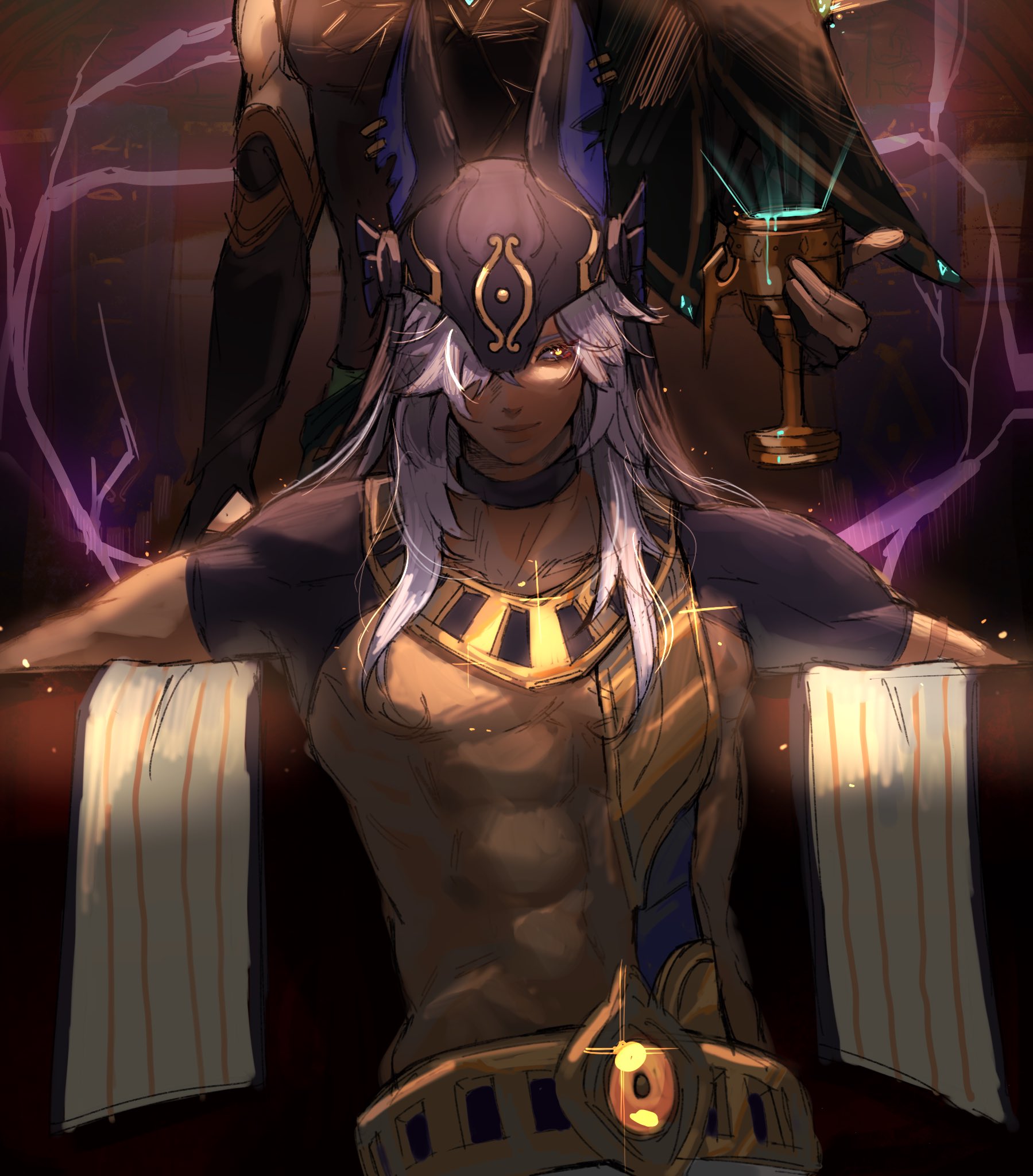 the illustration showcases a muscular, male character with stylized anubislike features, suggesting he is a god or king in a fantasy setting. he wears elaborate egyptianinspired clothing and headdress, emphasizing his status. his pose is powerful and relaxed, with a slight smile hinting at confidence. the low angle perspective adds to his grandeur. the dark environment contrasts with the dramatic, warm lighting focused on the character, further highlighting his importance.