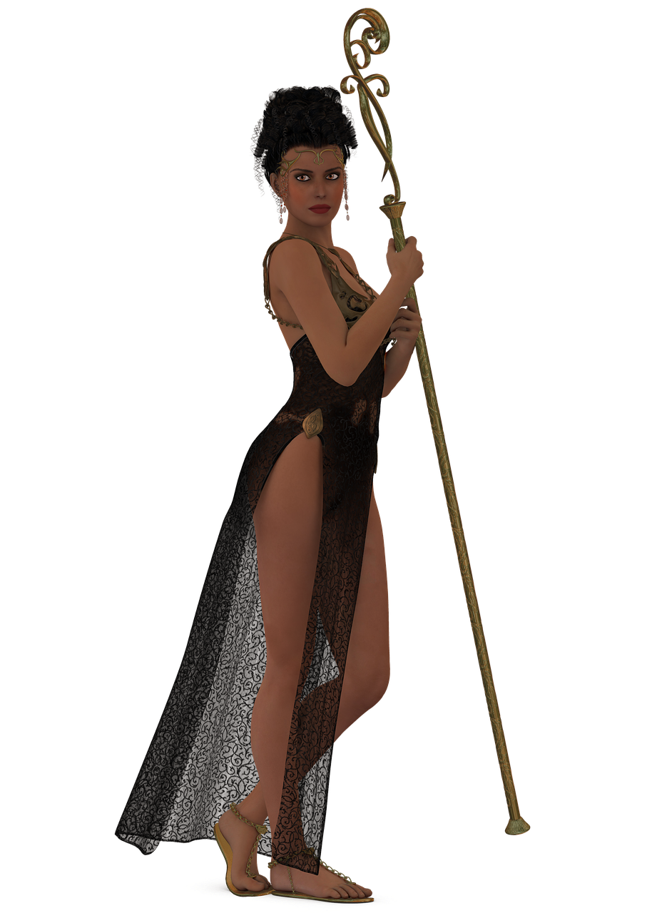a woman in a dark, patterned dress and gold sandals stands against a black background, holding a decorative gold staff. she wears jewelry, including a crown and earrings, and has dark hair styled in an updo. the overall impression is one of fantasy or a regal figure.