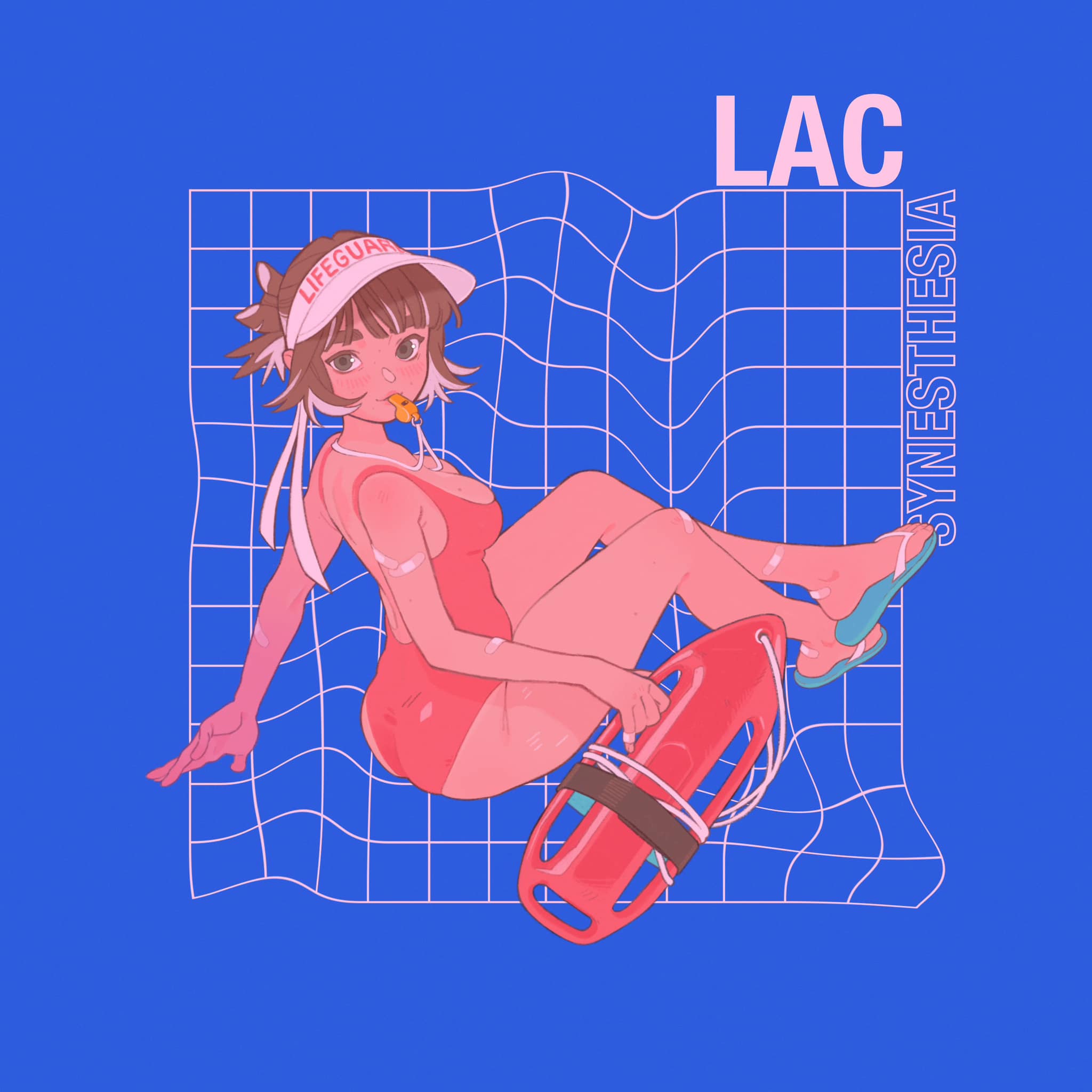 the image is a digital illustration of a young woman dressed as a lifeguard. she is sitting on a blue background with a white grid pattern, and she is holding a red rescue can. she is wearing a red onepiece swimsuit, a white lifeguard visor, and flipflops. she has short brown hair and brown eyes, and she is blowing a whistle. the illustration has a retro anime style, and the text "lac" and "synesthesia" is written in white letters on the top and right side of the image, respectively.