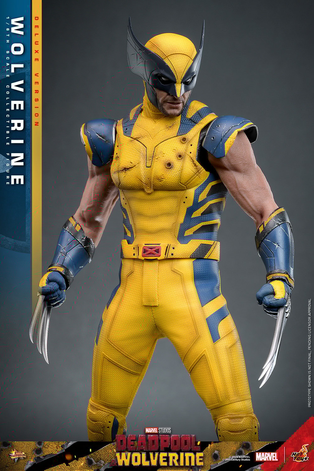 this is an image of a wolverine action figure from the movie deadpool 2. the figure is wearing a yellow and blue suit with bullet holes. he is posed in a fighting stance.