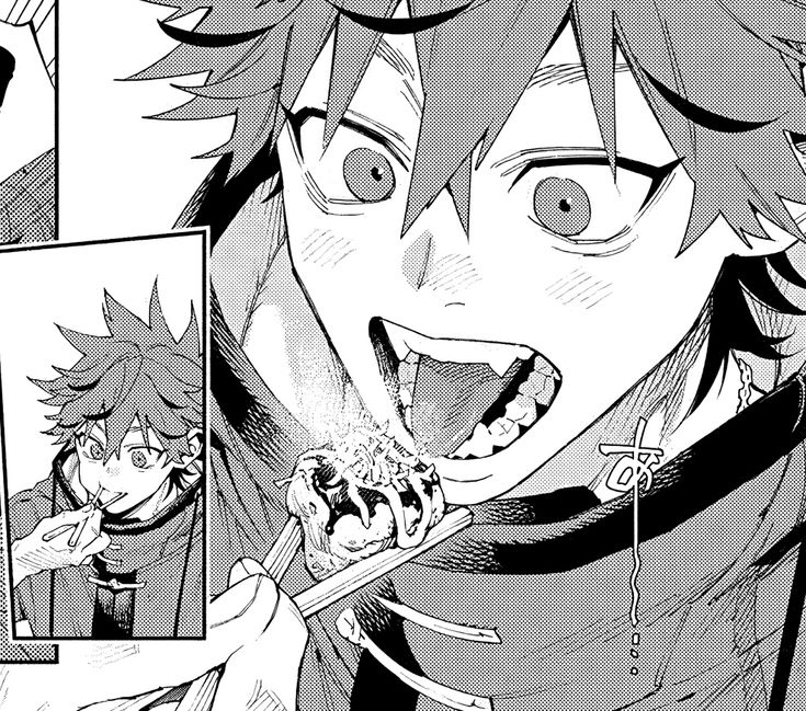 a closeup shot of an anime character's face as he eats a piece of food with chopsticks. he has his mouth open, showing his teeth and tongue. he has a surprised expression on his face, and there's a lot of detail in the art style. the image is in black and white.