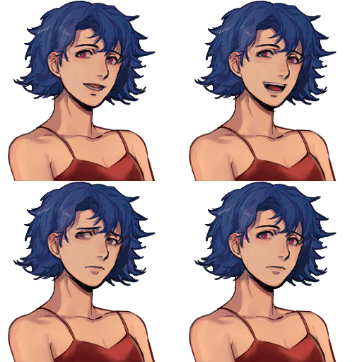 he image shows four portraits of the same female anime character with blue, short hair and a red dress.  each portrait shows a different facial expression: happy, sad, and two neutral expressions with slightly different eye shapes. the background is black.  the style is digital painting and resembles artwork often seen in visual novels or similar interactive fiction.
