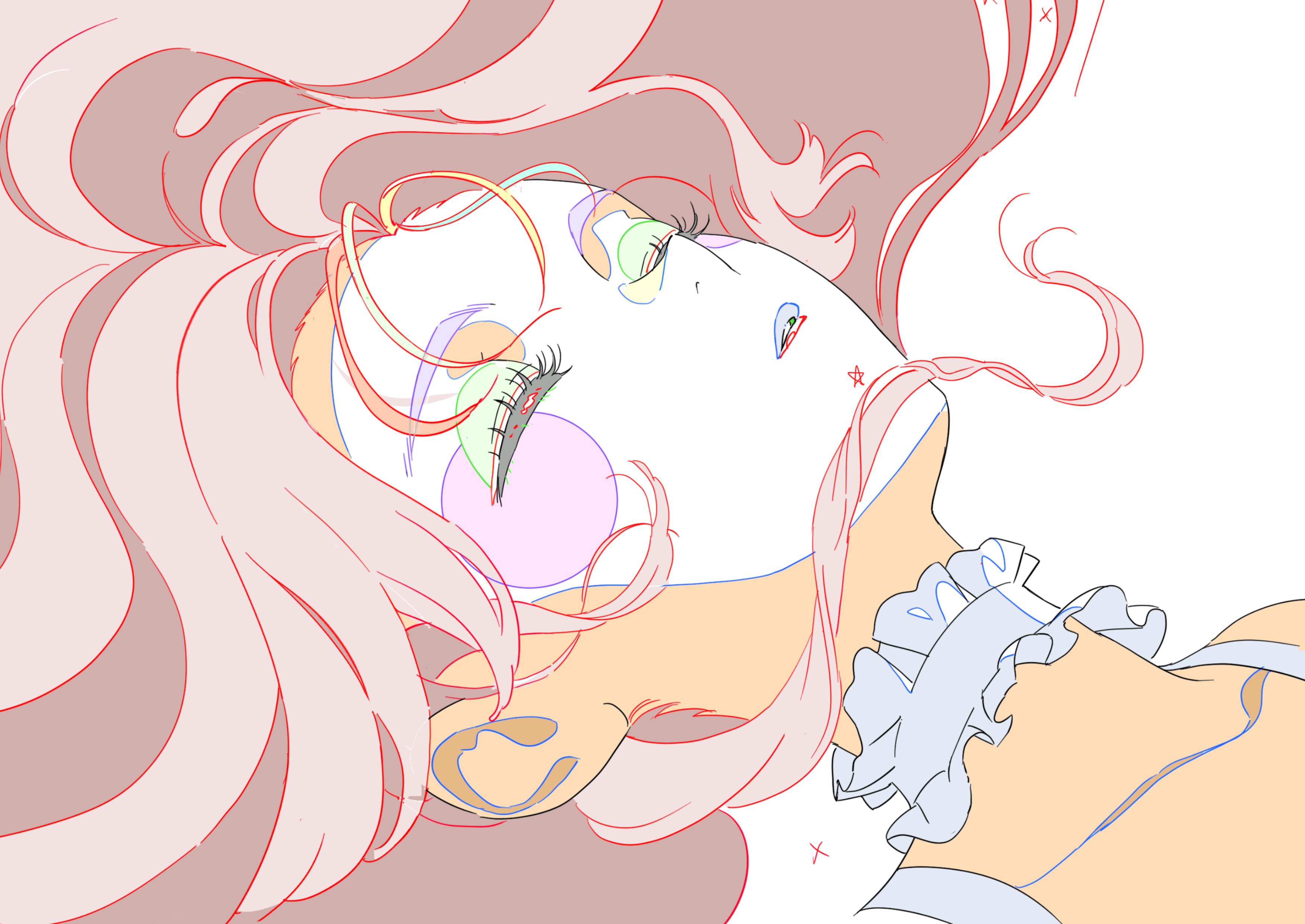 a stylized portrait of a young woman with long flowing hair, drawn in a classic anime style. the image utilizes bold outlines and delicate line work, with minimal shading. a color palette of pastels and primary colors adds a touch of whimsy and youthfulness to the piece. the woman’s eyes are closed, giving her a serene and peaceful expression.