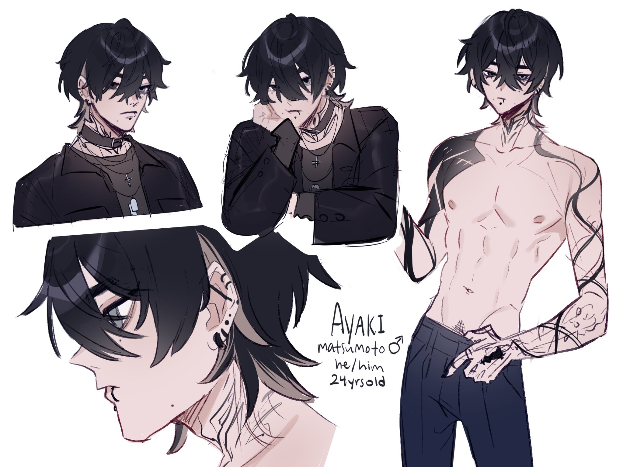 this is a digital illustration of a male character with dark hair and black eyes. he has a lot of tattoos and piercings. he is depicted in four different poses. in one pose, he's wearing a black leather jacket and in another pose, he's shirtless. in the bottom corner, there is a text that reads "ayaki matsumoto he/him 24yrsold".