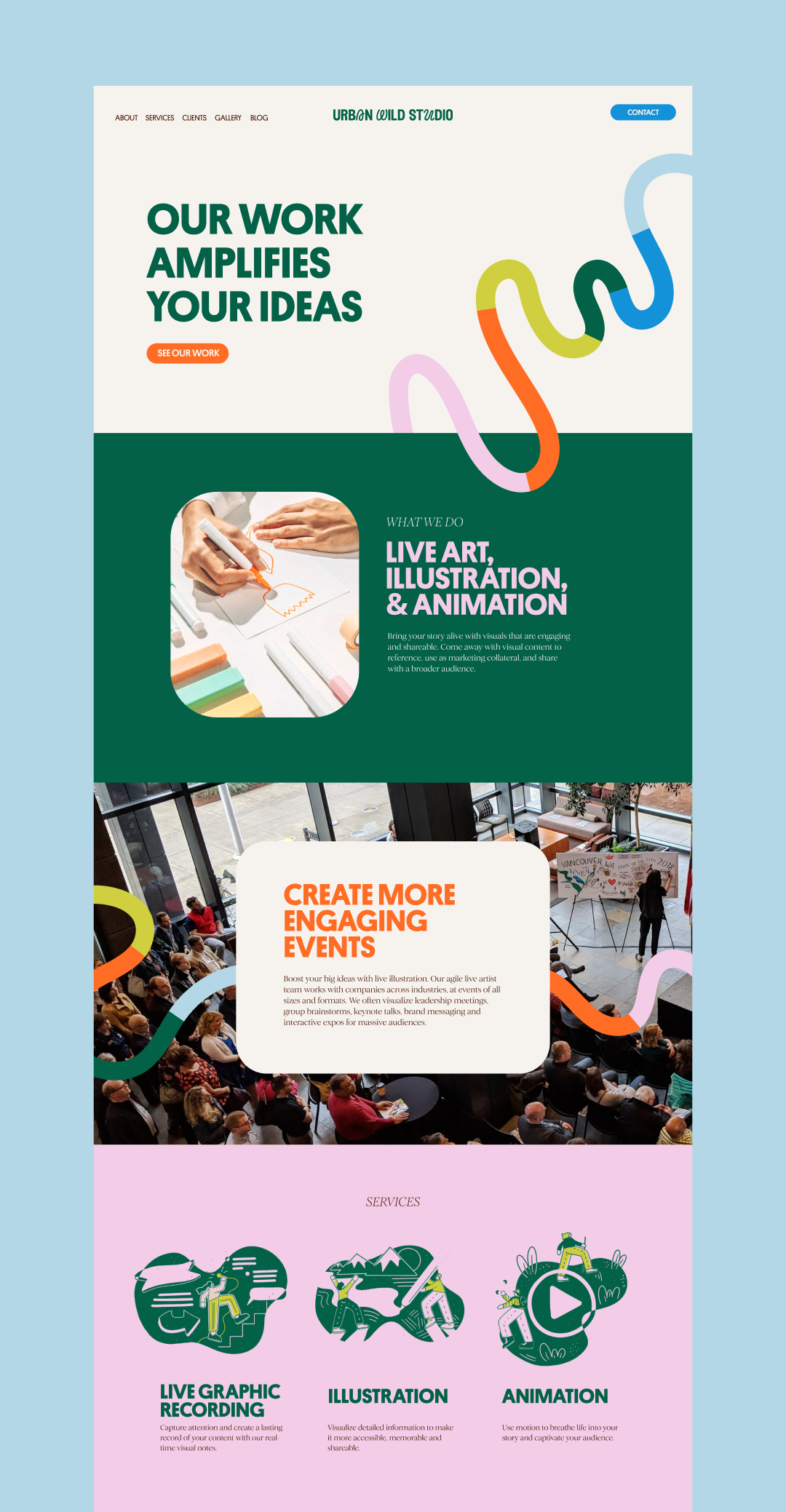 the image shows a website landing page for a company called "urban old studio" which offers live art, illustration, and animation services for events. the page features a colorful design with a curved line element and a description of the services offered. the page also includes images of the services being used in different contexts, such as live drawing at an event, and a call to action to learn more about the company's services.