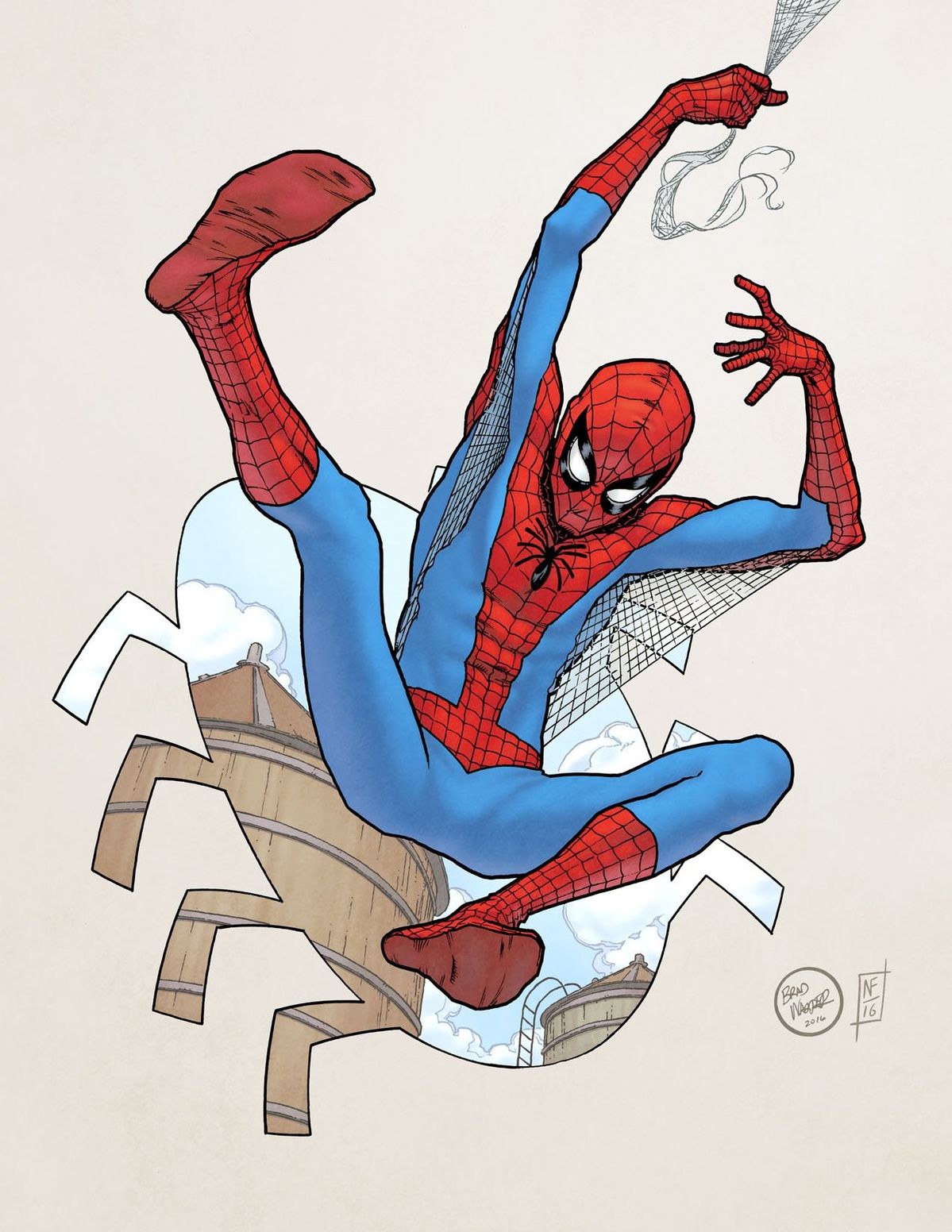 this is an illustration of spiderman swinging through the city. he is in midair, his webshooters firing out webs to propel him forward. the city skyline is visible in the background, and spiderman's mask is covering most of his face. the art style is a classic comic book style with bold lines and colors.