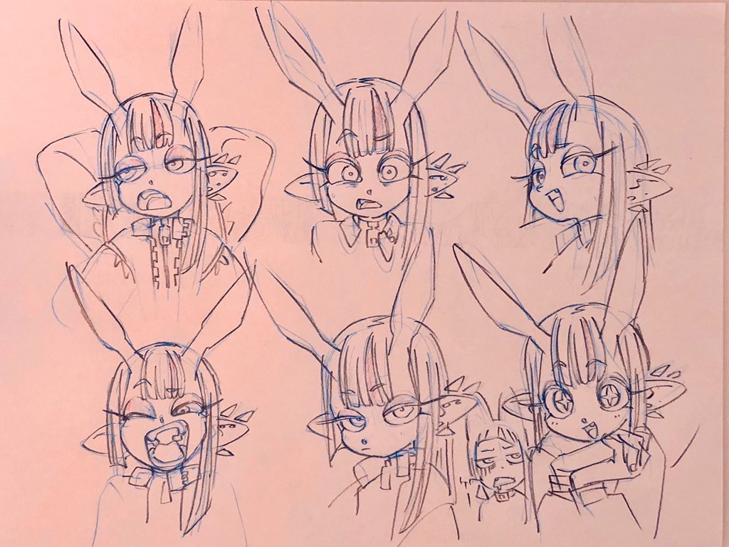this image is a page with six sketches of a bunny girl's face, each one illustrating a different exaggerated emotion. the girl's long hair, bunny ears, large eyes, and fangs are drawn in a manga style. she is also wearing a collared shirt. the top left sketch shows her looking upward with her mouth open as if yelling. the top middle sketch shows her with wide eyes and raised eyebrows. the top right shows her from a slightly different angle with her mouth open and eyes wide as if surprised or excited. the bottom left shows her with her head tilted back and mouth wide open as if laughing or yelling. the bottom middle shows her looking annoyed with her eyebrows furrowed and mouth in a frown. the bottom right sketch is two smaller sketches, one showing a wideeyed, manic expression and the other looking sad or dejected.
