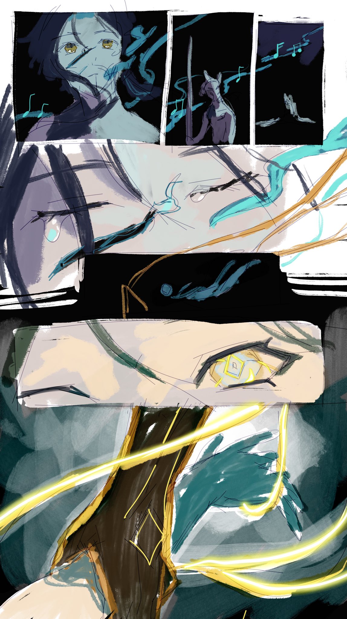 the image is a colorful anime/manga illustration with a dark background and a combination of vibrant and pastel colors.  it features a mix of abstract and realistic elements, with flowing lines and dynamic poses.  a powerful figure with glowing eyes and abstract light streams emanating from them, is shown in the foreground.  behind this figure there is a more abstract, blurry image.  the image is a mix of different styles, blending a sense of fantasy, action and drama.