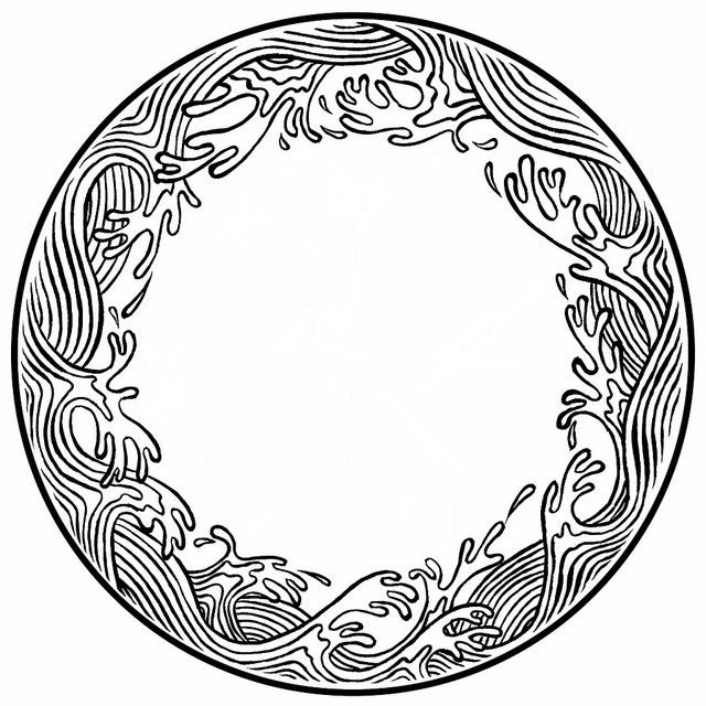 the image is a black and white line art illustration of a circle filled with a stylized wave pattern. the waves create a dynamic border around a central empty circle. the illustration consists of intricate lines depicting flowing water and splashes.