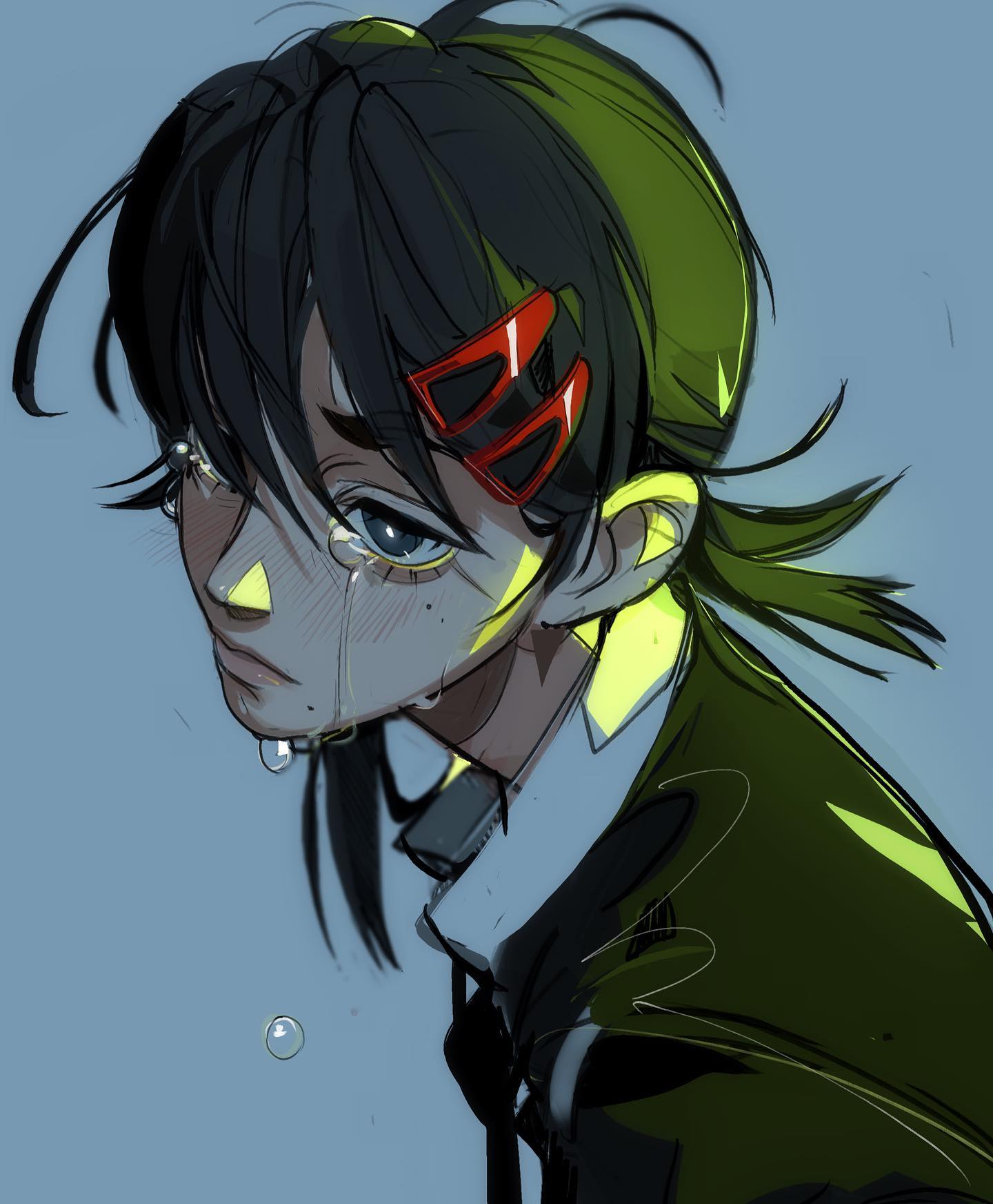 the image is a digital painting or illustration of a young animestyle female character. she appears to be a teenager, with dark hair accented with streaks of green, and is wearing what looks like a darkcolored school uniform jacket.  she's shown from the chest up, in a closeup portrait style. her expression is deeply sorrowful; tears are streaming down her face, and her overall posture conveys distress. the art style is stylized and somewhat painterly, with visible brushstrokes and a blend of line art and shaded areas. the background is a muted bluegrey, which helps to focus attention on the character's emotional state.  a red, threepronged hair clip is visible in her hair.  the overall mood is melancholic and emotionally charged.