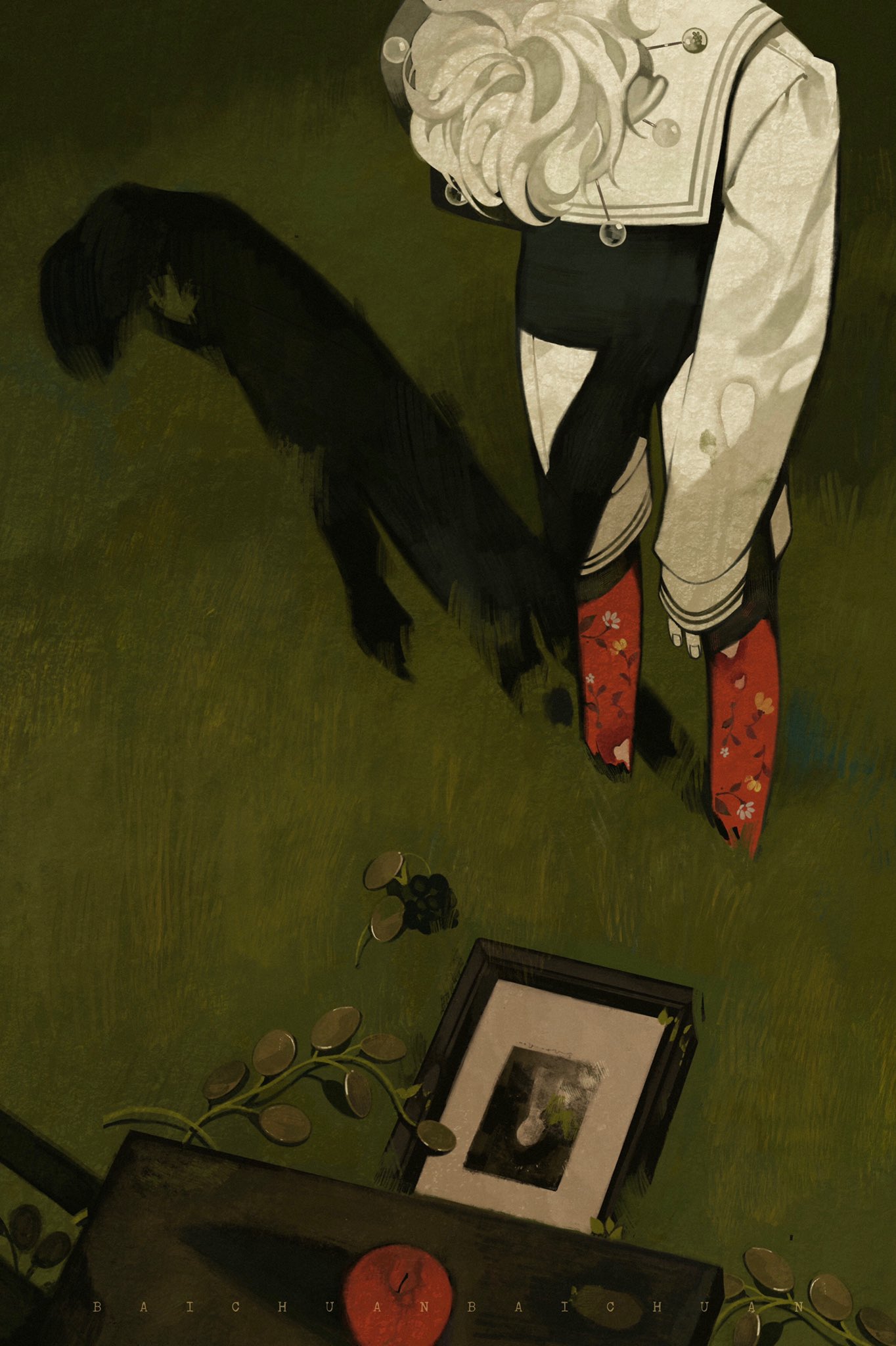 a digital painting depicting a woman in a sailor dress and red floral patterned pants. she stands in the grass, looking down. her shadow falls across the ground next to her, and there is a frame with a photo in it. the painting has a green background, and the woman's outfit and the photo frame are the only objects in the foreground.
