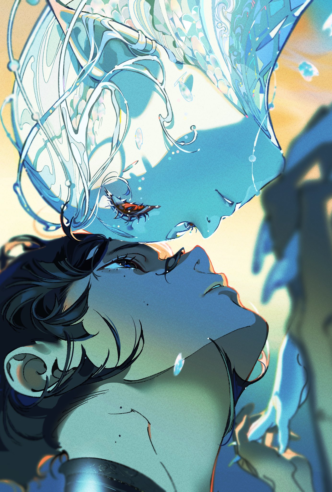 the image showcases a romantic scene between two individuals. one is an ethereal, waterlike