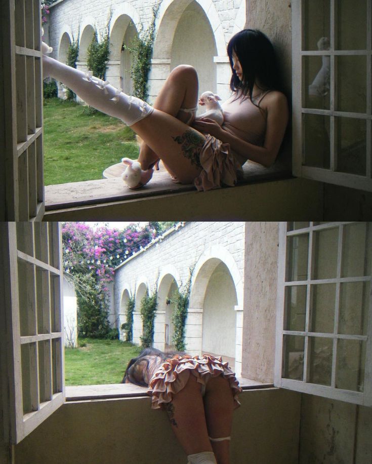 the image shows a woman in two separate frames sitting and bending out of a window. in the first frame, she is sitting on the window sill, wearing thigh high socks, lingerie, and a dress. she's holding a small white rabbit in her hands. in the second frame, she is bent over out of the window. the garden and archway buildings are visible behind her.