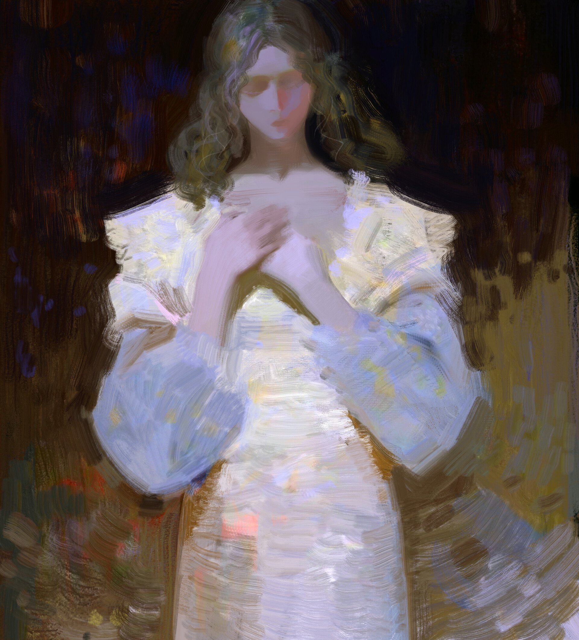 a digital painting of a woman with blonde hair and a white dress, standing with her hands crossed over her chest. the woman's eyes are closed, and her expression is serene and dreamlike. the painting has a soft, romantic feel, with a focus on the woman's delicate features and the light and shadow playing on her face and dress. the brushstrokes are loose and impressionistic, giving the painting a sense of movement and depth. the background is a blur of purple and blue, adding to the dreamlike quality of the image. the painting is evocative and intimate, inviting the viewer to connect with the woman's inner world.