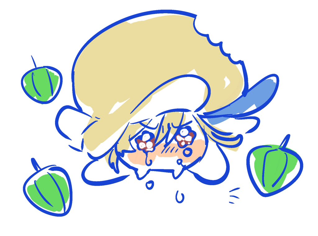 this is a cartoon illustration of a sad anime character with tears in their eyes. they have short yellow hair, a blue hat, and are surrounded by green fruit. the character is drawn in a simple, cute style with bright colors and a whimsical expression. the illustration appears to be digitally drawn.