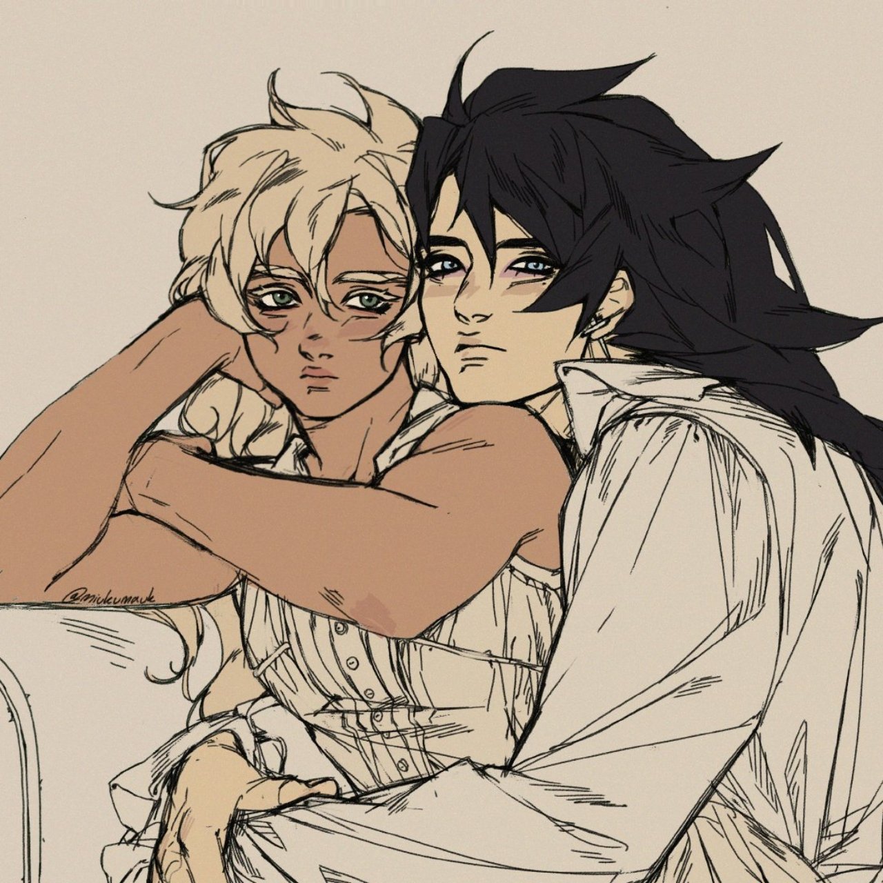 a detailed illustration depicting a romantic couple embracing. the man with black hair, dressed in a white shirt, holds the woman, with blonde hair wearing a white dress with a corset, close to him as she rests her head on his shoulder. the art style is anime/mangainspired, with a focus on facial expressions and detailed anatomy. the background is a simple light beige, allowing the figures to stand out.