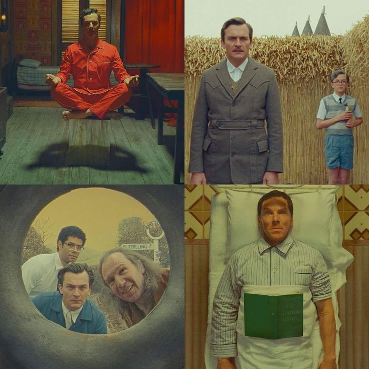 the image is a collage of four distinct scenes, seemingly stills from wes anderson's film, "the grand budapest hotel."  each scene is visually striking and embodies anderson's signature style:  symmetrical compositions, pastel color palettes, and a slightly surreal, whimsical atmosphere. top left: shows a man (possibly adrien brody's character) in an orange prison jumpsuit meditating in a spartan room. top right: features a man (possibly f. murray abraham) in a light brown coat standing in a wheat field. a young boy is visible in the background. bottom left: depicts three men, seemingly prisoners, peering out from a circular opening in what looks like a sewer pipe or similar structure.  this evokes the film's themes of confinement and escape. bottom right: shows a man (likely ralph fiennes' character) lying in a hospital bed wearing a striped gown, holding a book. this creates a sense of confinement and contemplation.the collage effectively captures the film's diverse settings, characters, and overall aesthetic.