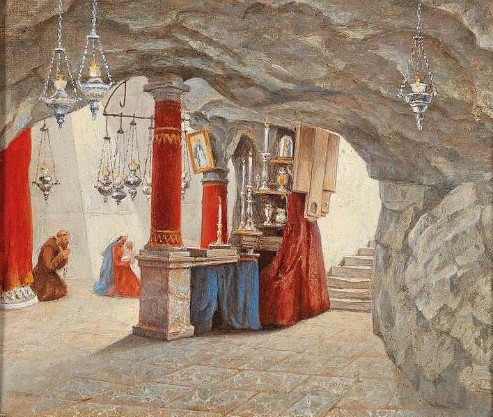 the image shows the interior of a cave church, depicted in a painting style. an altar with candles and various religious artifacts is positioned in the center, flanked by red and blue cloths. two people, a priest and a woman, are kneeling in prayer nearby. oil lamps hang from the ceiling. the cave structure, architectural elements, and lighting contribute to the religious atmosphere of the scene.