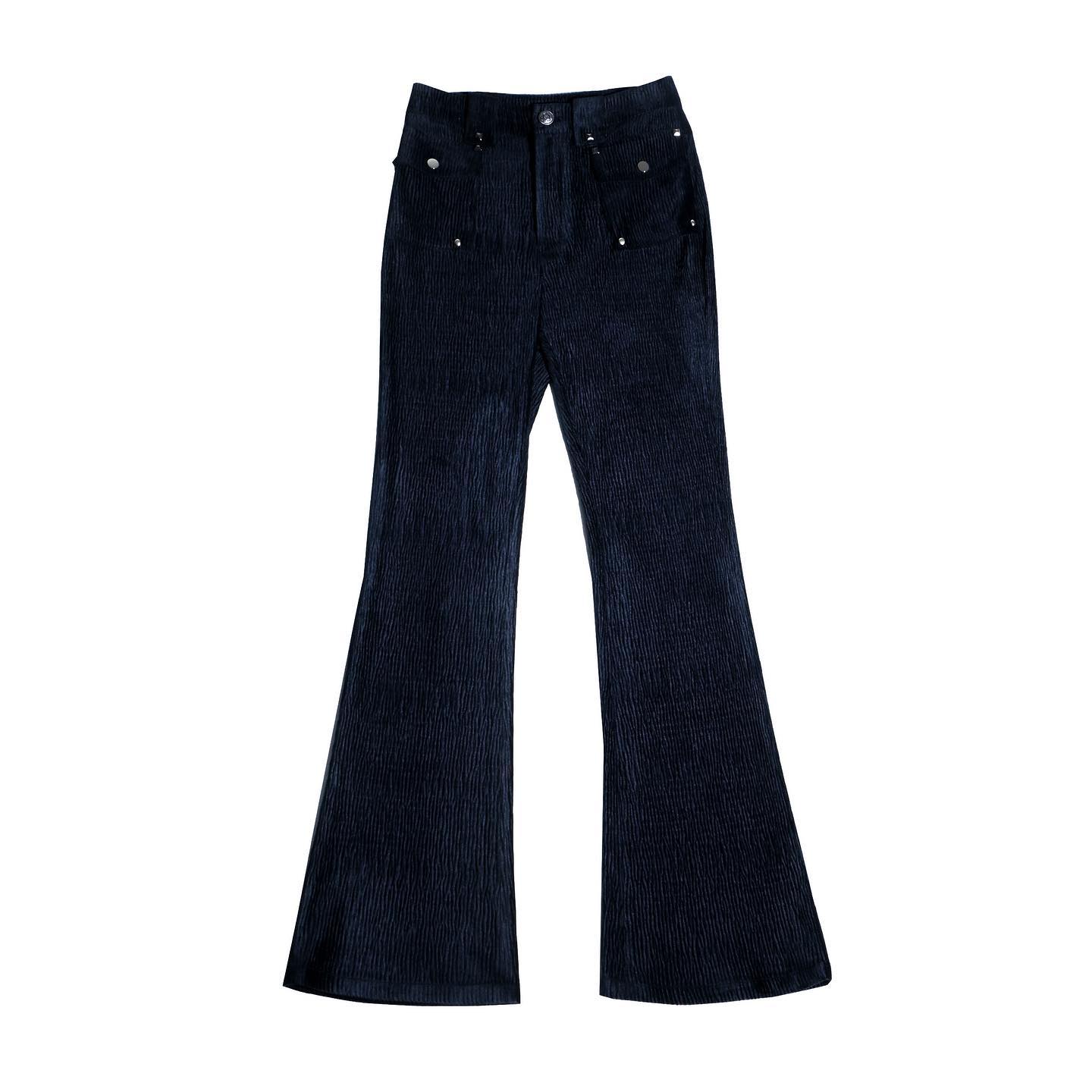 a pair of women's black corduroy bell bottom pants are shown against a white background. the pants are highwaisted and have pockets with decorative buttons on the front. the corduroy fabric has a subtle ribbed texture. the pants are flared at the bottom, creating a classic bellbottom silhouette.