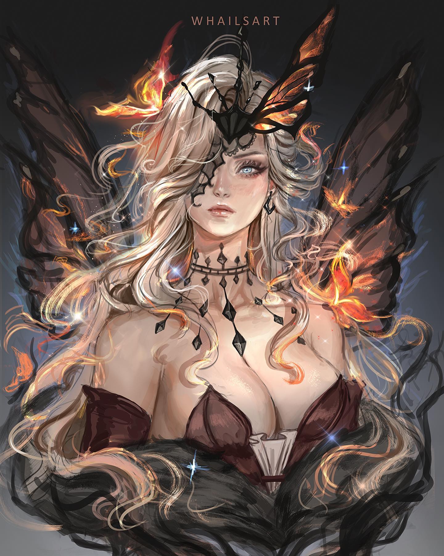 the artwork depicts a stunning female character, possibly a fairy or goddess, with long, flowing blonde hair. she wears a dark, ornate headdress adorned with what looks like a large butterfly. her wings are a mix of dark feathers and fiery, glowing accents, suggesting magical or ethereal qualities.  a portion of her face is obscured by a dark, lacy mask. she’s dressed in a lowcut, burgundycolored dress with dark, furlike or feathered accents. the overall style is fantasy art with a focus on intricate details, vibrant colors, and a softly rendered painterly style. the artist's signature, whailsart, is visible in the upper portion of the image. the image is highly detailed, and there is an emphasis on light and shadow creating a dramatic and mysterious mood.