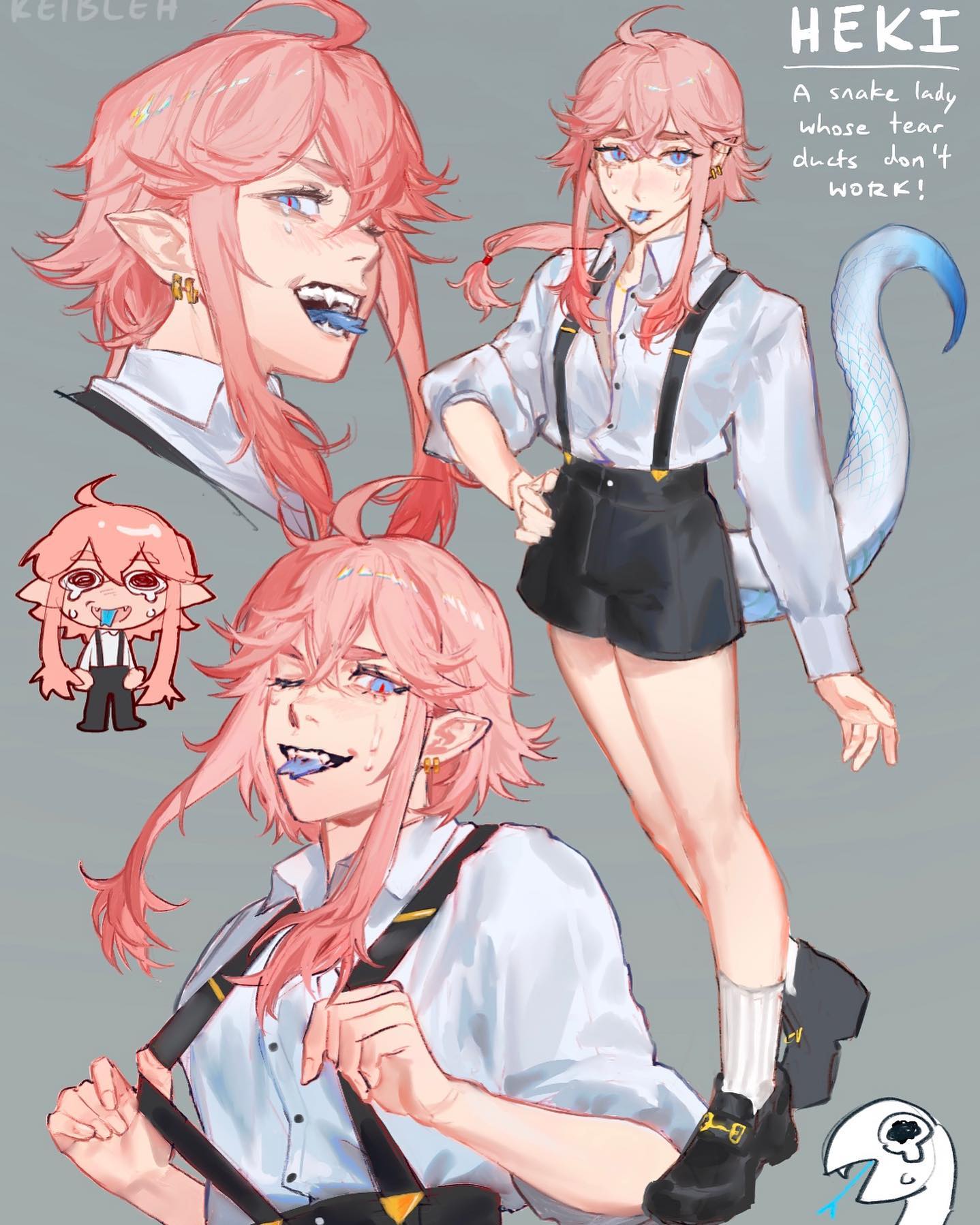 the image showcases a character design named "heki," described as a "snake lady whose tear ducts don't work." the artwork features multiple depictions of heki: a main detailed portrait, a more casual pose, a smaller chibistyle version, and a profile view. heki has long, pink hair, elflike ears, and a snake tail.  she's dressed in a lightcolored buttondown shirt, suspenders, and dark shorts, giving a cute but slightly edgy style. the art style is soft and pastel, typical of anime and manga character design. the text adds a playful and descriptive element to the character's concept.