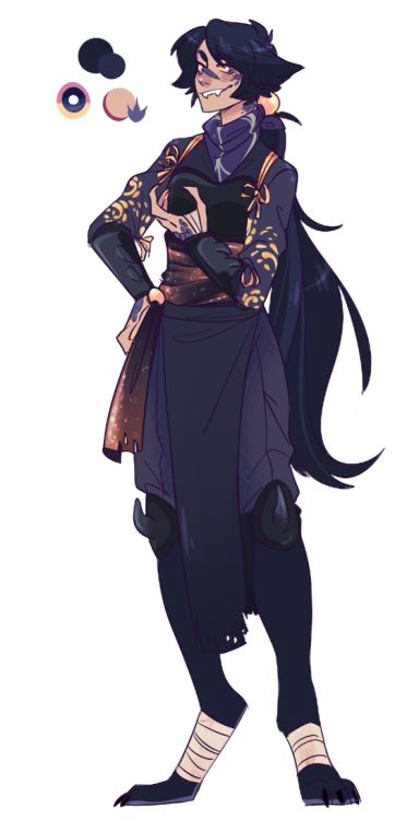 a fantasy character is drawn in an anime style. she's a female humanoid with black and gold clothing and fur, with dark hair and red eyes. she has claws on her hands and feet, and her lower legs have fur. she is holding a weapon. she is wearing white bandages around her legs, and she has a purple horn above her left eye.