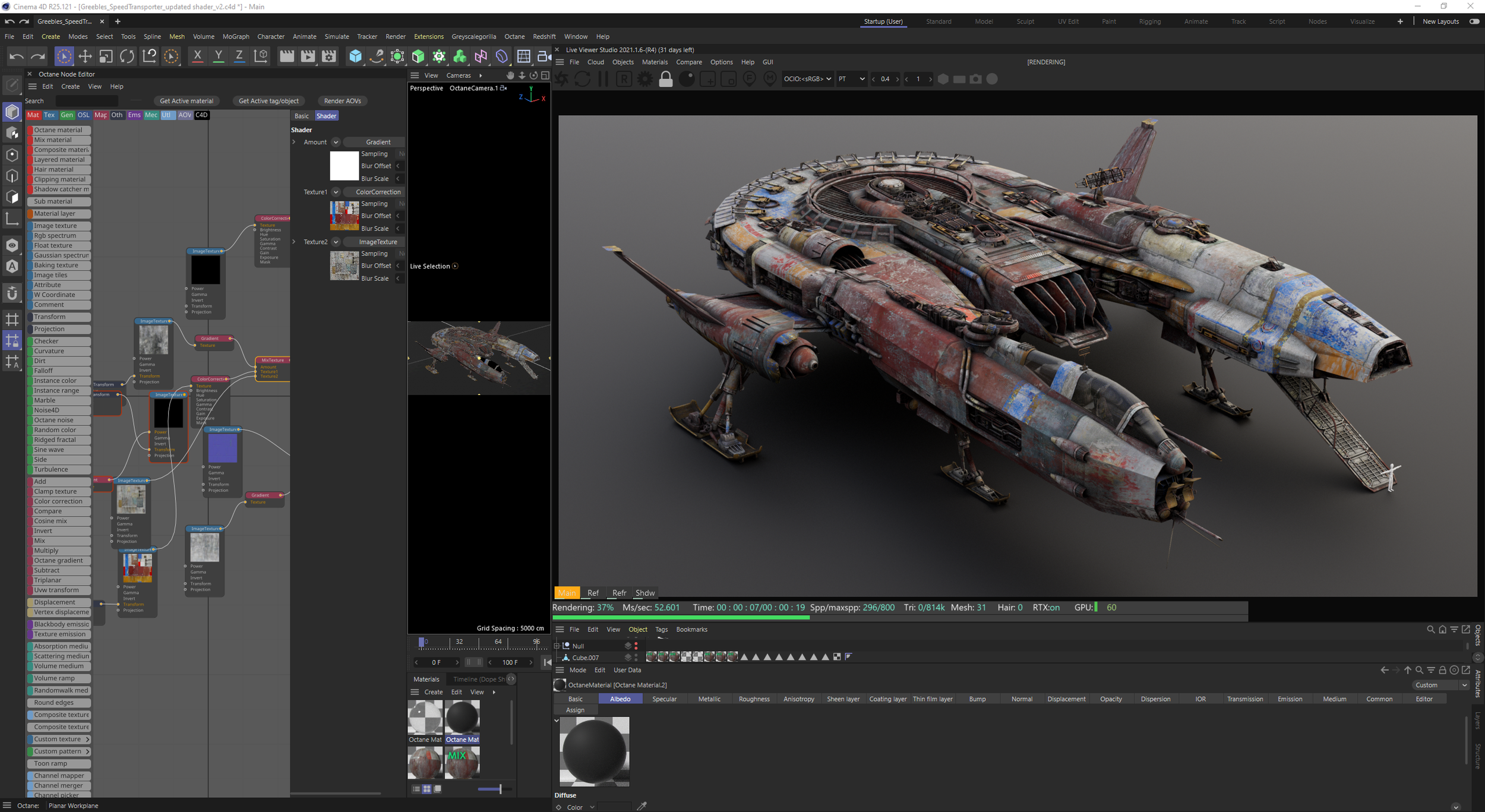 the image displays a screenshot of a 3d modeling and rendering software, possibly octane render or a similar program, showcasing a detailed 3d model of a weathered, rusty scifi spaceship. the main view shows a perspective render of the spaceship.  a large portion of the screen is dedicated to the material editor, revealing a complex nodebased setup using multiple textures (like albedo, normal, and roughness maps) to create the spaceship's appearance.  the rendering process is shown to be in progress, indicating that the image is a work in progress.  the interface hints at the tools and processes involved in creating realistic 3d assets for games or visual effects.