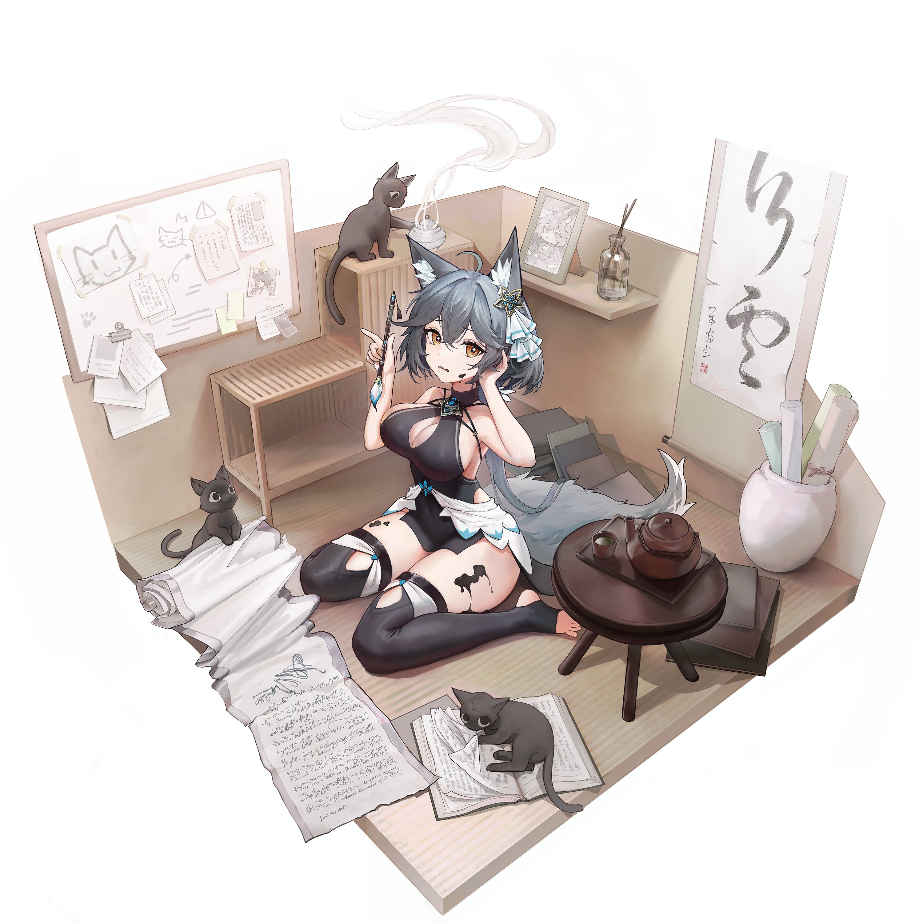 the image is a digital illustration depicting an animestyle fox girl with grey hair and a black and white outfit. she's seated in a small, japanesestyle room with a desk, papers, and three black cats. she appears to be writing or drawing with a brush. the room is depicted as a diorama, giving a threedimensional feel. the overall style is cute, elegant, and slightly whimsical.