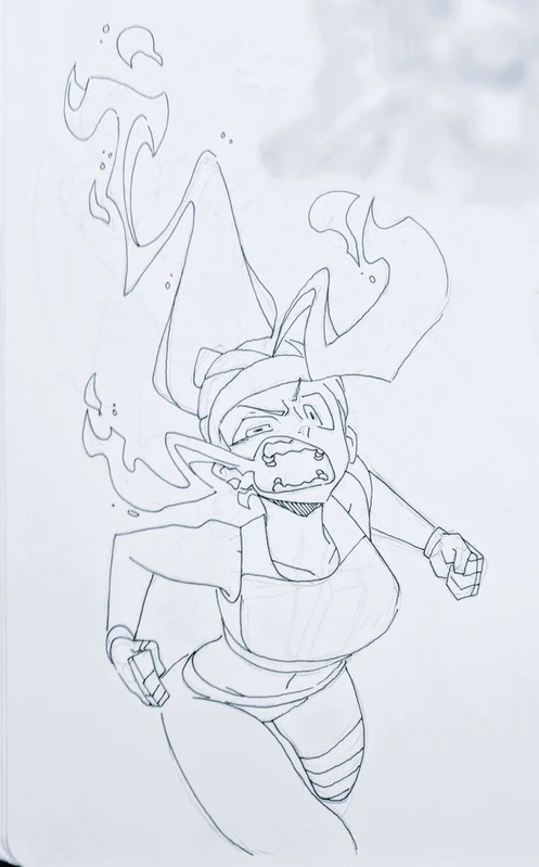 a black and white line drawing of an anime girl with flames around her head, she appears to be very aggressive, she is in the middle of a fight and is charging into the battle.