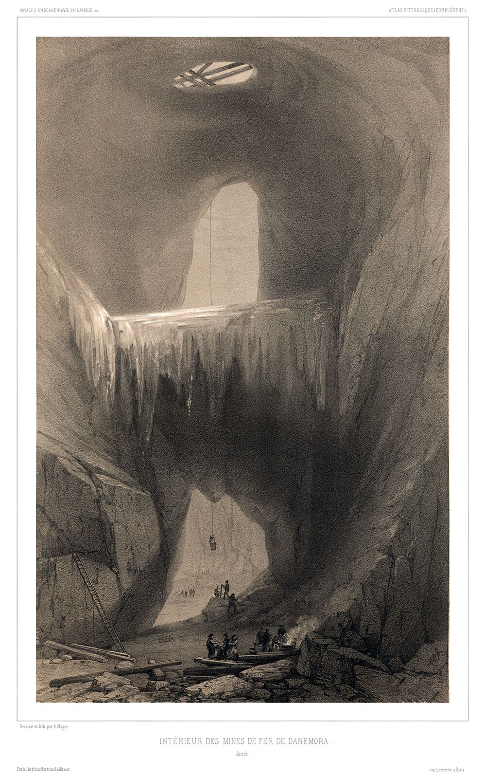 an historical image of the interior of the danemora iron mine in sweden. the large cavern contains a group of people in a boat on water, a ladder leading up to the side of the cavern, and large ice formations hanging from the cavern ceiling. there is a lightwell in the top of the cavern providing light to the space.