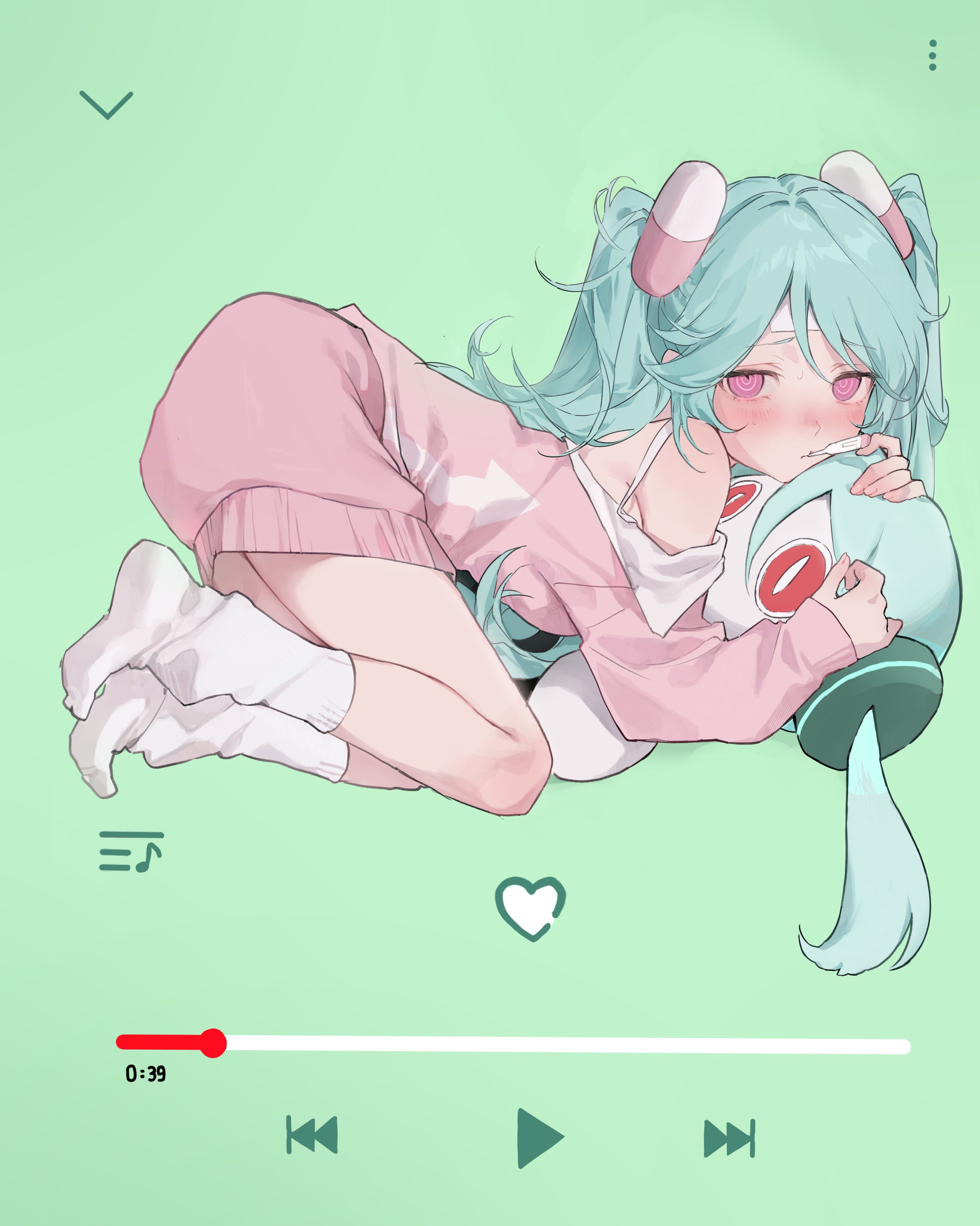 the image is a digital illustration of a cute anime girl with long turquoise hair. she is wearing a pink, loosefitting outfit and white socks.  she is lying down, relaxed, and hugging a small, round robot.  the background is a soft light green. the image also features a minimalist music player interface at the bottom with play and pause buttons and a timer showing 0:39. the overall style is pastel, soft, and cute.