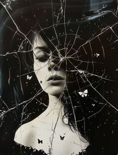 a black and white portrait of a woman's face and shoulders.  the image is overlaid with a pattern of shattered glass, creating a fragmented, abstract effect.  white butterflies are scattered across the image, adding a touch of delicacy and contrast.  the woman's expression is serene yet haunting, adding to the overall mood of mystery and fragility.