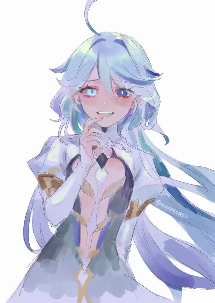 a digital drawing of an anime girl with long white hair and blue eyes. she is smiling and wearing a white dress. the drawing is done in a soft and dreamy style. the girl's hair is flowing in the wind, and the background is a soft blur.