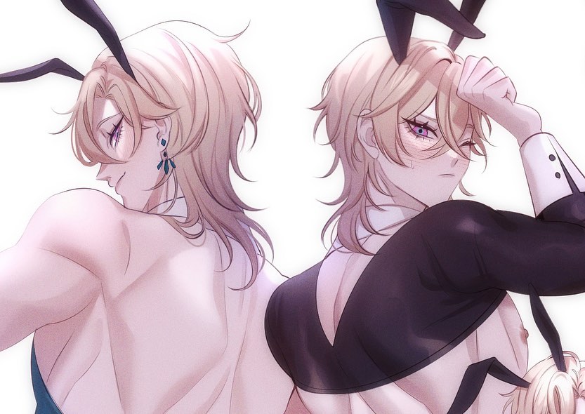 the image depicts two anime boys in a romantic pose. both are wearing bunny ear headbands with the one on the left wearing a white outfit and the one on the right wearing a black outfit. they are both looking over their shoulders at each other. the one on the left has his arm around the other's waist.  the image has a soft and romantic feel.