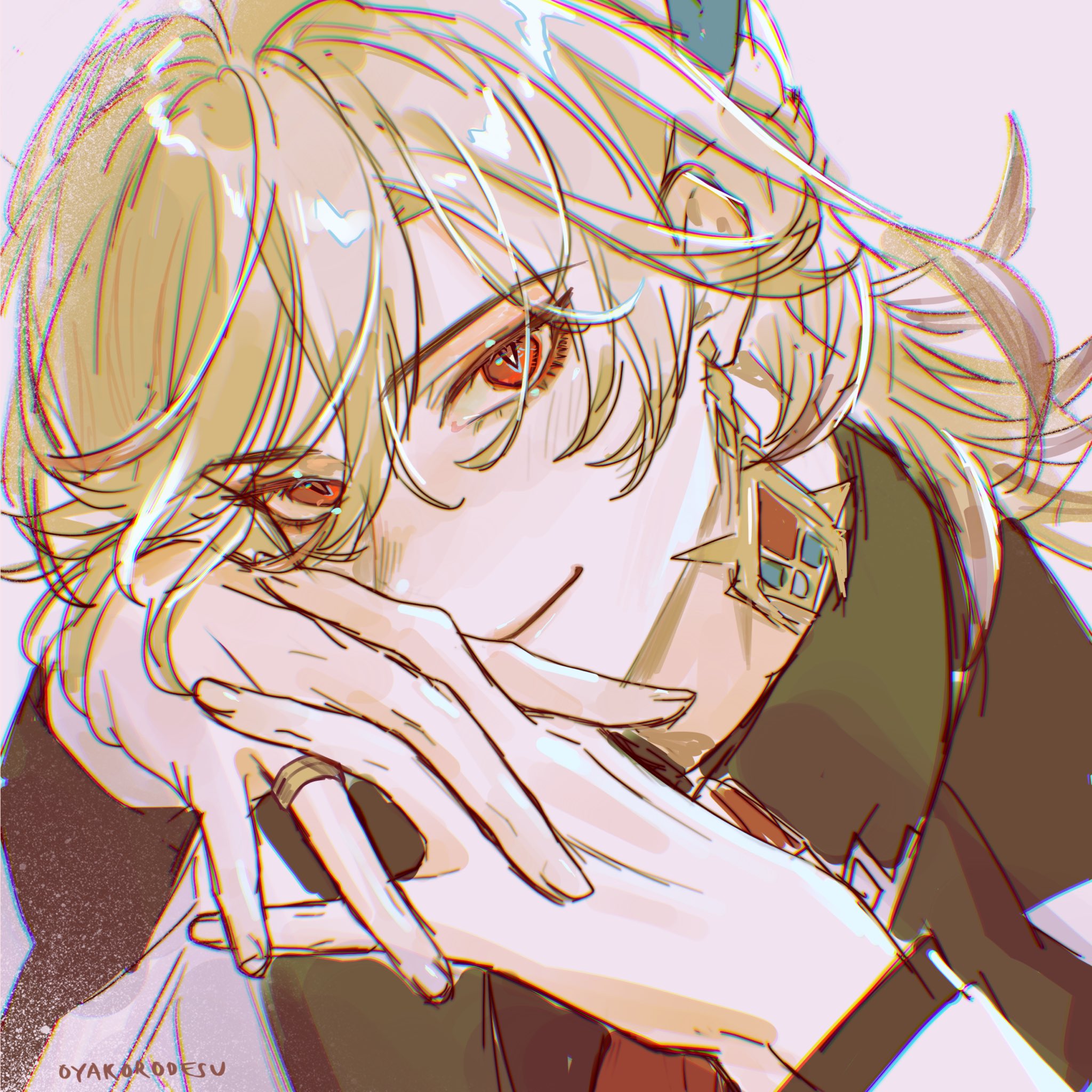 a closeup illustration of an anime character with blonde hair, red eyes, and a smirk on their face. they are wearing a dark collar and have their hands near their face, appearing to be in a sly pose. the art style is colorful and detailed, and the character is depicted in a mysterious and magical way. the image has a strong sense of fantasy and supernatural elements.