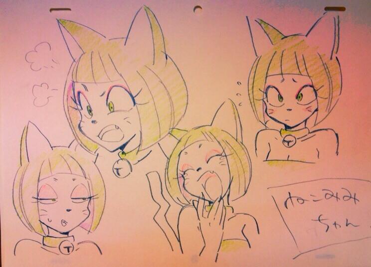 a scanned in sketch page featuring four different expressions of what appears to be the same anime cat girl, who has blonde hair cut in a bob. the top left expression shows the character angry, while the one to the right shows her surprised. the bottom left shows her with her eyes closed and blushing, while the one to the right shows a happy expression as she bites her finger.  there are japanese characters visible on the bottom right corner of the sketch, which mean "nico nico live".