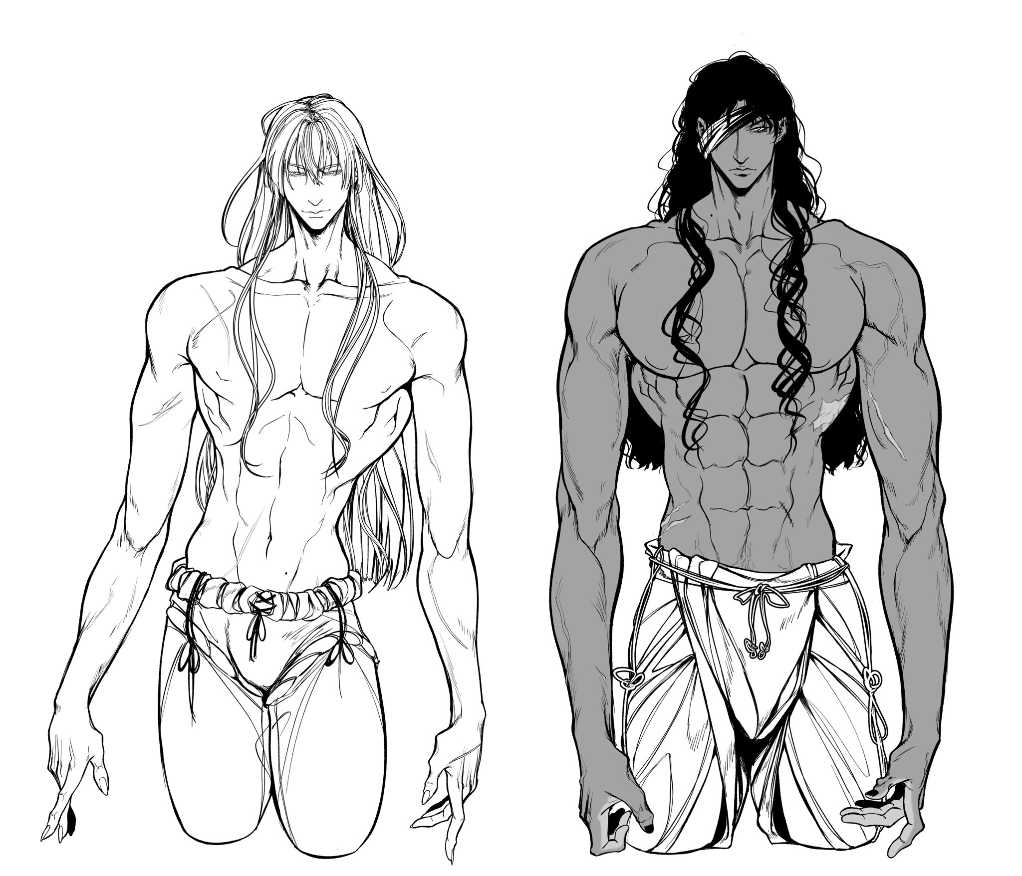 this is a line art illustration featuring two male characters.  the characters are both muscular, with one being slightly more muscular than the other. they both have long hair, with one character having a more straight hairstyle, and the other with a more wavy hairstyle. the character on the left is completely black and white, whereas the character on the right has grey shading on their skin. they are both wearing similar clothing and are standing in a similar pose, looking forward with their arms at their sides.