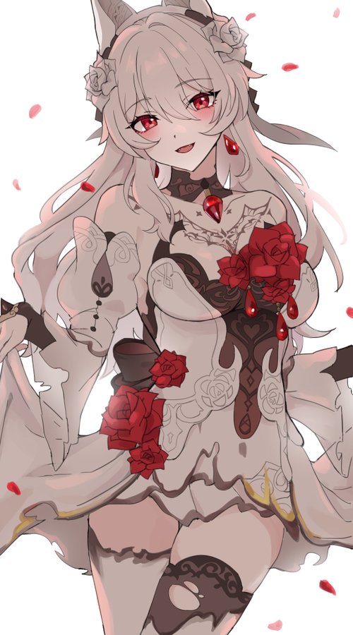 the image is an anime illustration of a girl with long white hair, red eyes, and a white dress. she is holding a bouquet of red roses. she is wearing a necklace with a red gemstone, and a pair of earrings with red gemstones. she has a sweet and innocent expression. the background is a white background. the art style is cute and whimsical. the girl appears to be a fantasy character, perhaps a princess or a fairy.