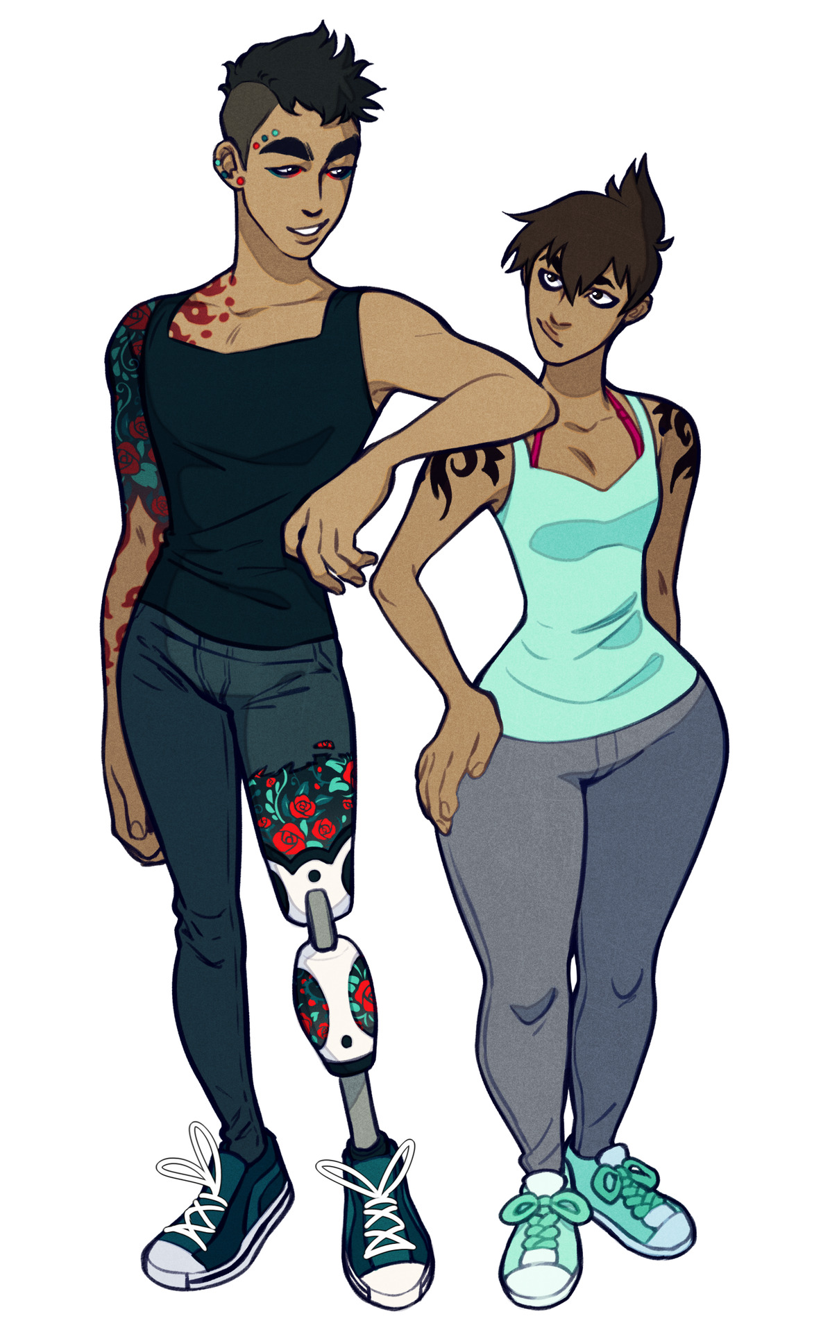 the illustration features a young interracial couple standing close together. the man, with dark hair and tattoos, has a prosthetic leg adorned with floral designs. he wears a black tank top, black leggings, and black and white sneakers. the woman, with brown hair and tattoos, wears a teal tank top, gray leggings, and teal and white sneakers. both are smiling and exude a sense of confidence and comfort.