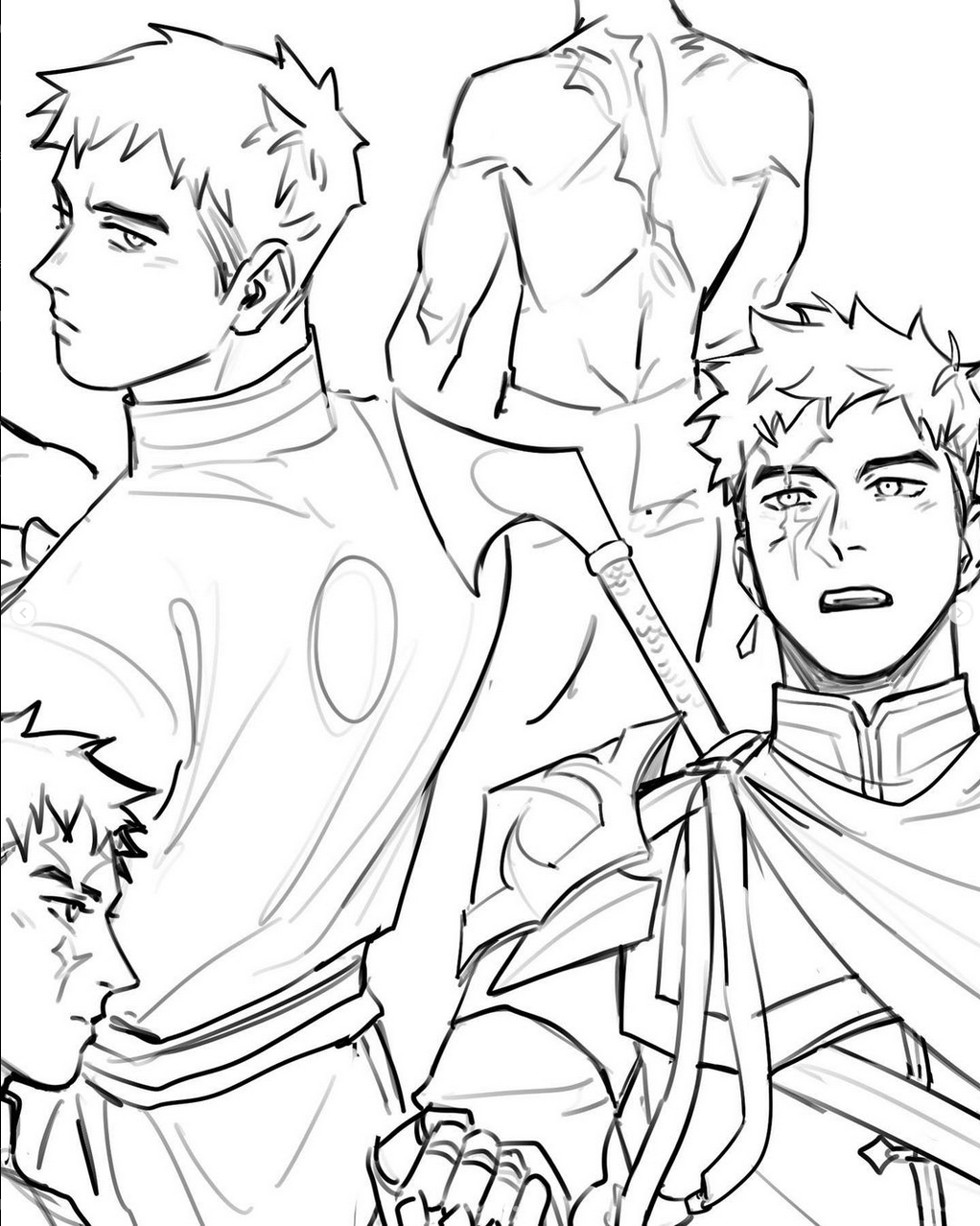the image is a black and white sketch showcasing designs for a male warrior character. there are three different views: a side profile, a back view focusing on his scarred back, and a threequarter view of him wielding a large axe. he appears to wear light armor with a cape.