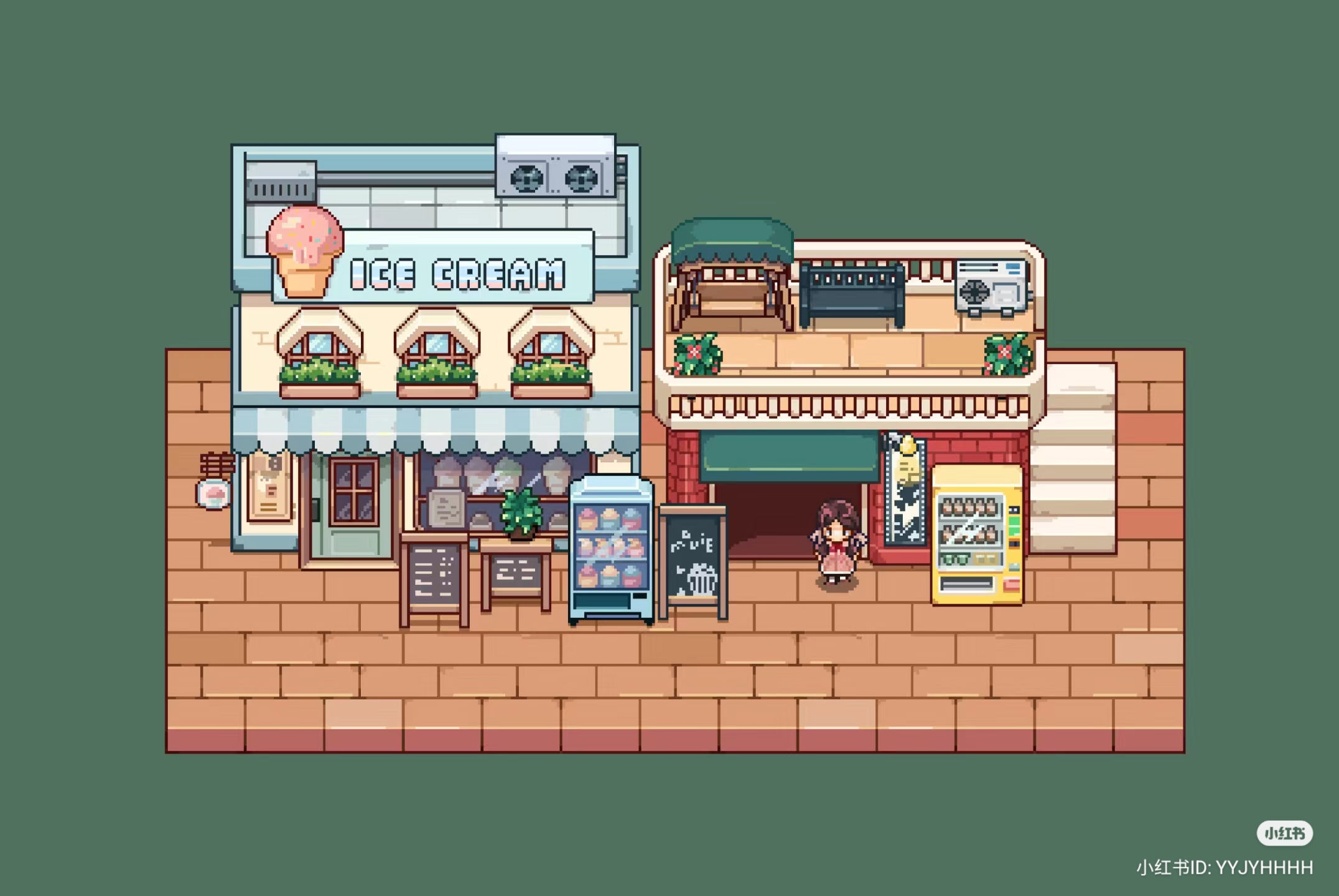 the image shows the front of two adjacent twostory buildings on a brickpaved street. the building on the left is an ice cream shop, with a sign reading "ice cream" above the awningcovered entrance. the shop has large windows showcasing its products, potted plants, and an ice cream cart outside. the building on the right has a balcony on the second floor with outdoor furniture and a grill. a girl in a red dress stands on the sidewalk in front of the building. a vending machine is placed on the street corner. the overall style of the image is pixel art, reminiscent of a video game. the color palette is bright and cheerful, evoking a summer day.