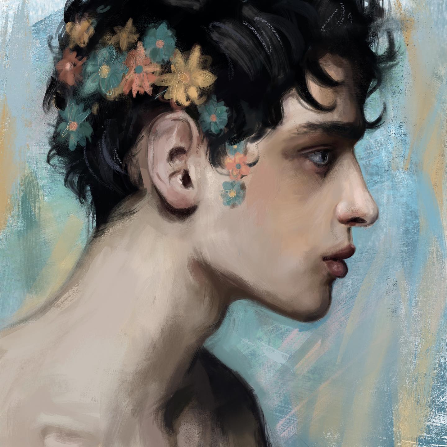 the image is a digital painting in the style of an oil painting, depicting a young man's profile. he has dark, curly hair adorned with a delicate crown of small, pastelcolored flowers. more flowers are subtly placed near his ear. his expression is serene and thoughtful. the background is a soft, textured blend of blues and teals, creating a calm and dreamy atmosphere. the painting style emphasizes soft lighting and smooth brushstrokes, giving the portrait a realistic yet ethereal quality. the overall feel is one of beauty and tranquility.