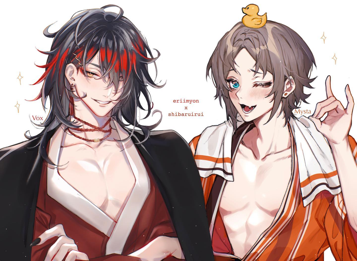 the image is a piece of vibrant animestyle fanart depicting two male characters, vox and mysta rias, from the vtuber group nijisanji.  vox, on the left, has long, black hair with streaks of red, and is dressed in a darkcolored kimonolike robe over a lighter, red undergarment. he has a somewhat sly, amused expression.  mysta, on the right, has shoulderlength gray hair and is wearing an orange yukata or bathrobe with a white towel around his neck; a yellow rubber duck sits atop his head. he's winking and has a playful expression.  both characters are drawn with detailed features and a focus on their physiques; their chests are partially exposed. the style is clean and sophisticated, with soft shading and highlights. the artwork is labeled with the artists' names, “erii myon x shibaruirui,” and the character names “vox” and “mysta.” the overall impression is one of lighthearted camaraderie or a close relationship between the two characters.