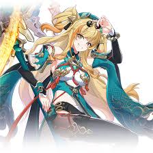a fullbody image depicts a fantasy anime girl with blonde hair and a teal dress. she is holding a sword and has a character design reminiscent of video game art.