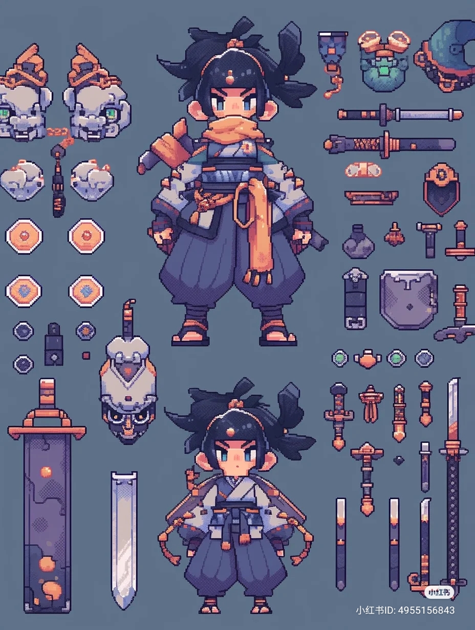 the image shows a pixel art character sheet for a samurai warrior, likely intended for a video game. the character is presented in two versions: one fully armored and equipped with a katana, the other in a simpler outfit with a wakizashi. alongside the character designs are individual sprites for various equipment elements, including helmets, swords, scabbards, armor pieces, and masks. the art style is detailed and expressive, using a limited color palette to create a cohesive and visually appealing design.