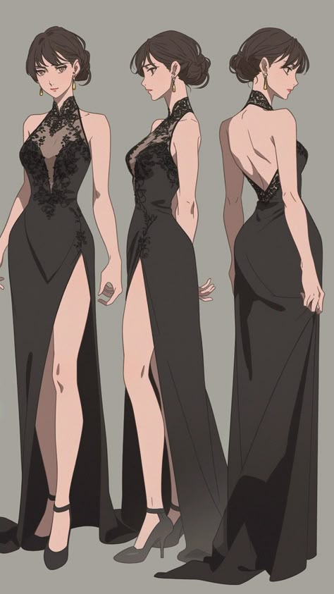 the image is a digital illustration of an anime woman in a black dress. the woman is depicted from three different angles: front, side, and back. she is wearing a long black dress with lace detailing. the dress has a high slit on the side, revealing her legs. she is also wearing high heels. the woman has long dark hair and brown eyes. her pose is elegant and sophisticated.